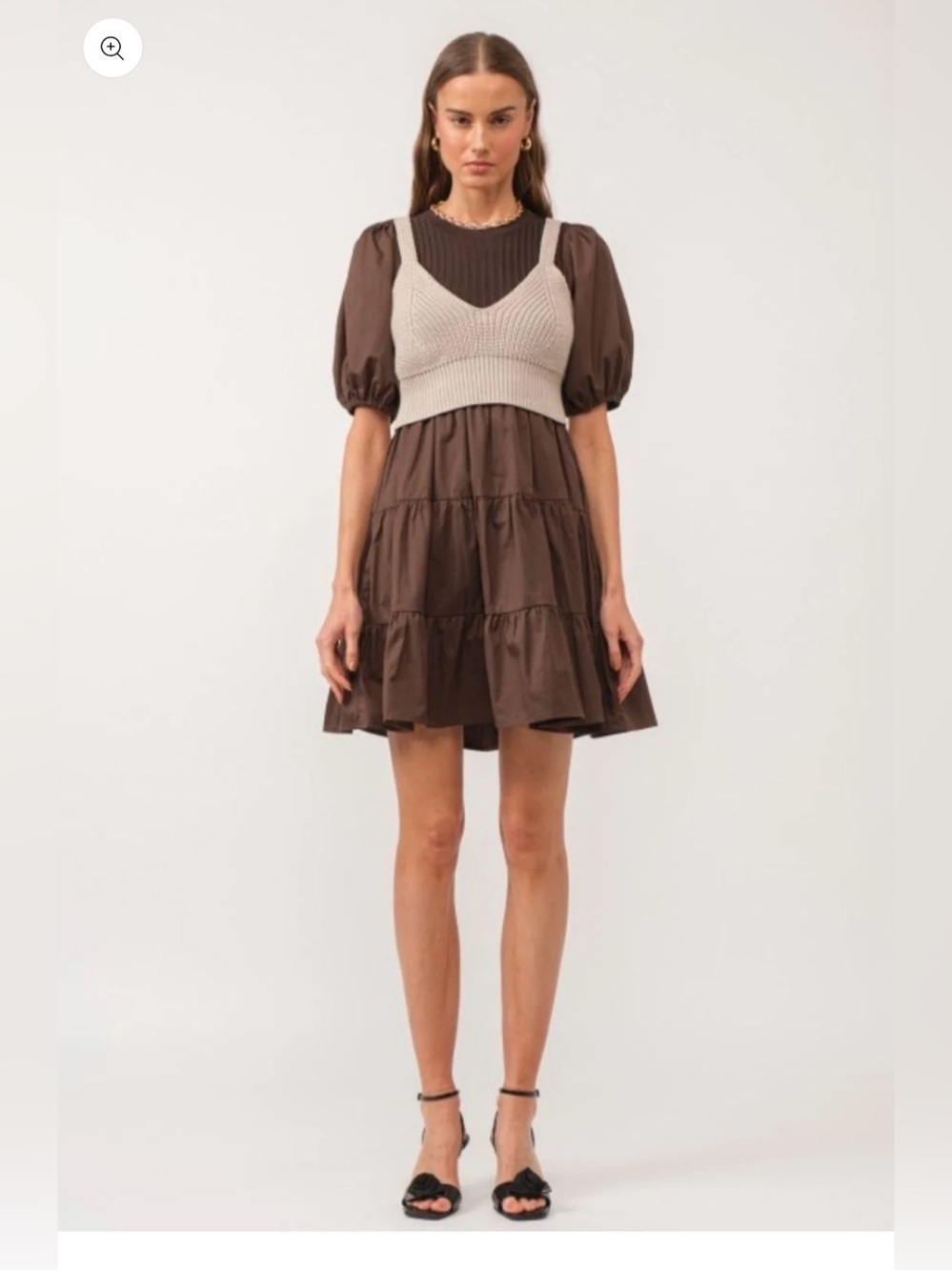 Brown Puff-Sleeve Mini Dress with Cream Knit Cami